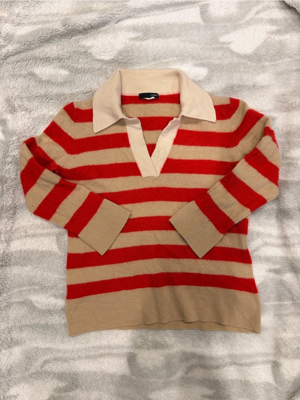 J Crew Striped Red and Beige Cozy Women's Cashmere Sweater